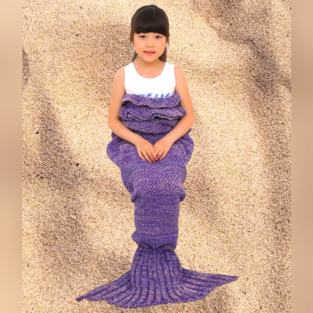 3/$25 - Purple Mermaid Tail Blanket Child Size Crochet Ruffle Edge Gift-Preowne